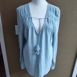 Lucky Brand Boho pale Blue smocked tunic top with tassel ties Size large